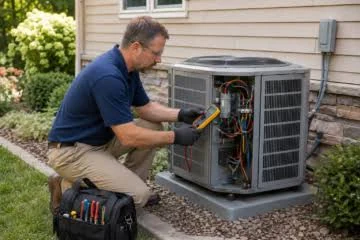 Technician servicing a residential outdoor air conditioner