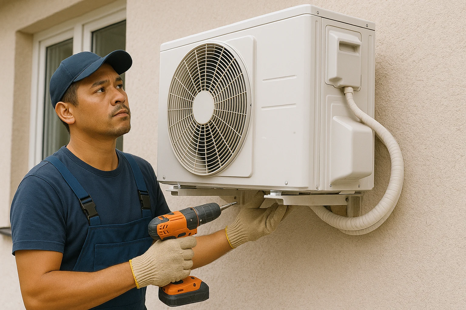 Installer fitting an outdoor wall-mounted air conditioning unit