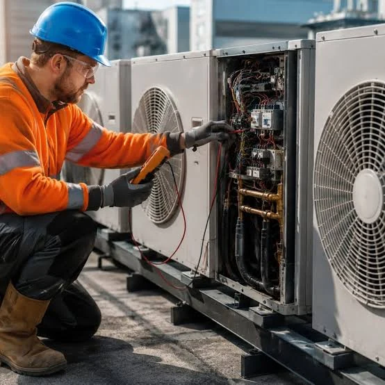 Technician inspecting the open service panel of outdoor HVAC equipment